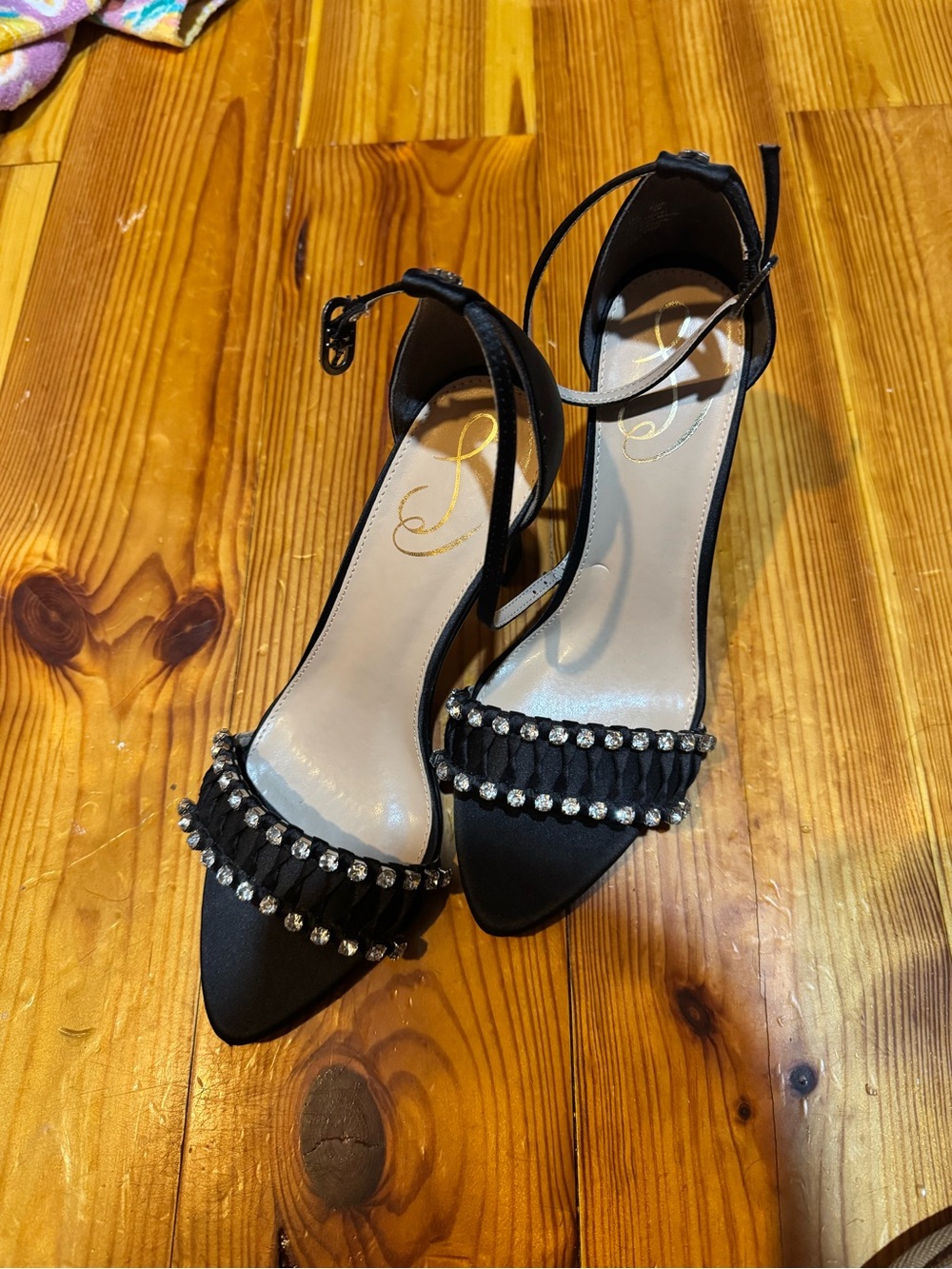Sam Edelman Black Crystal-Embellished Ankle-Strap Heels